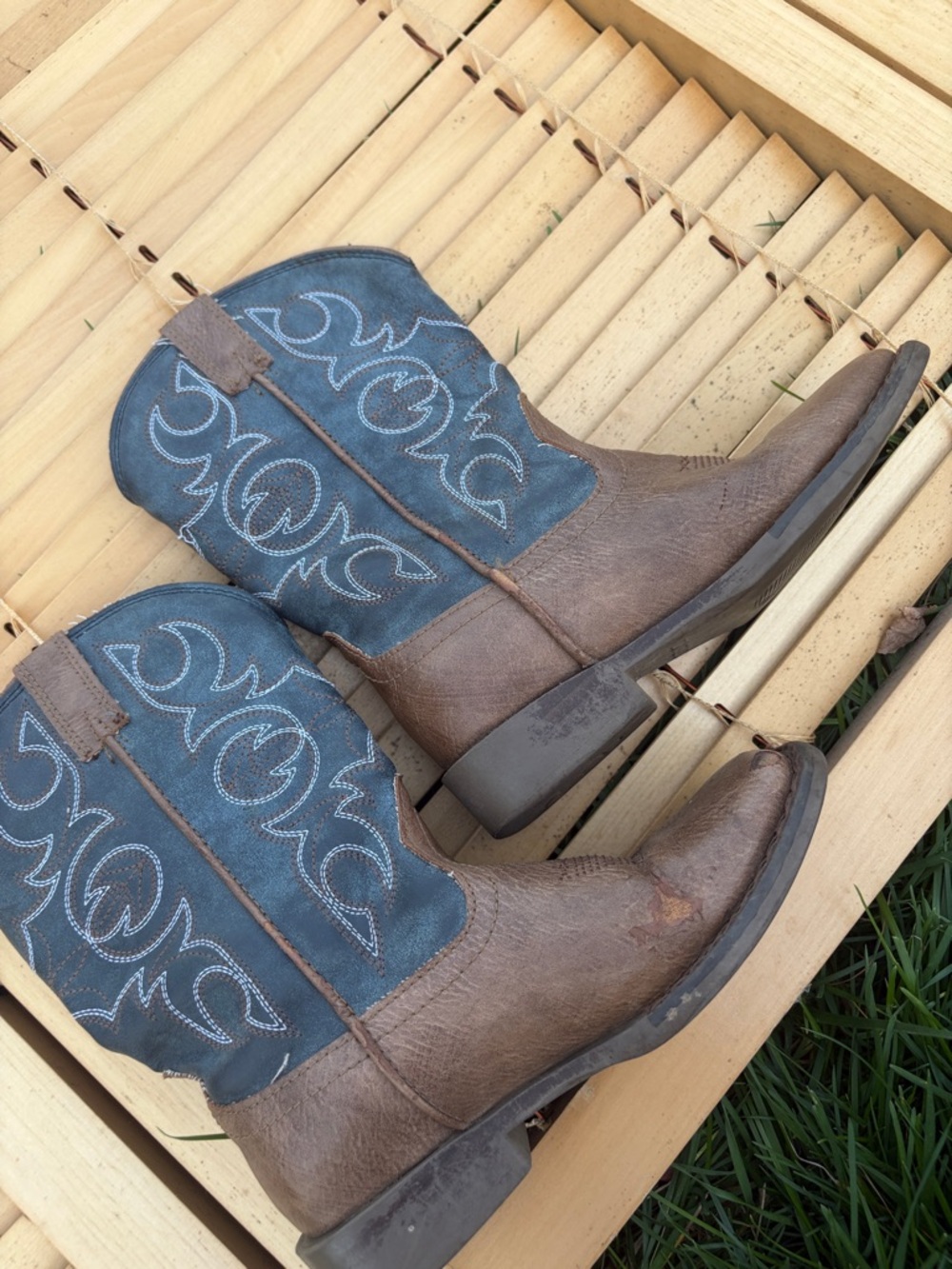 Roper Brown Foot with Blue Embroidered Shaft Cowboy Boots